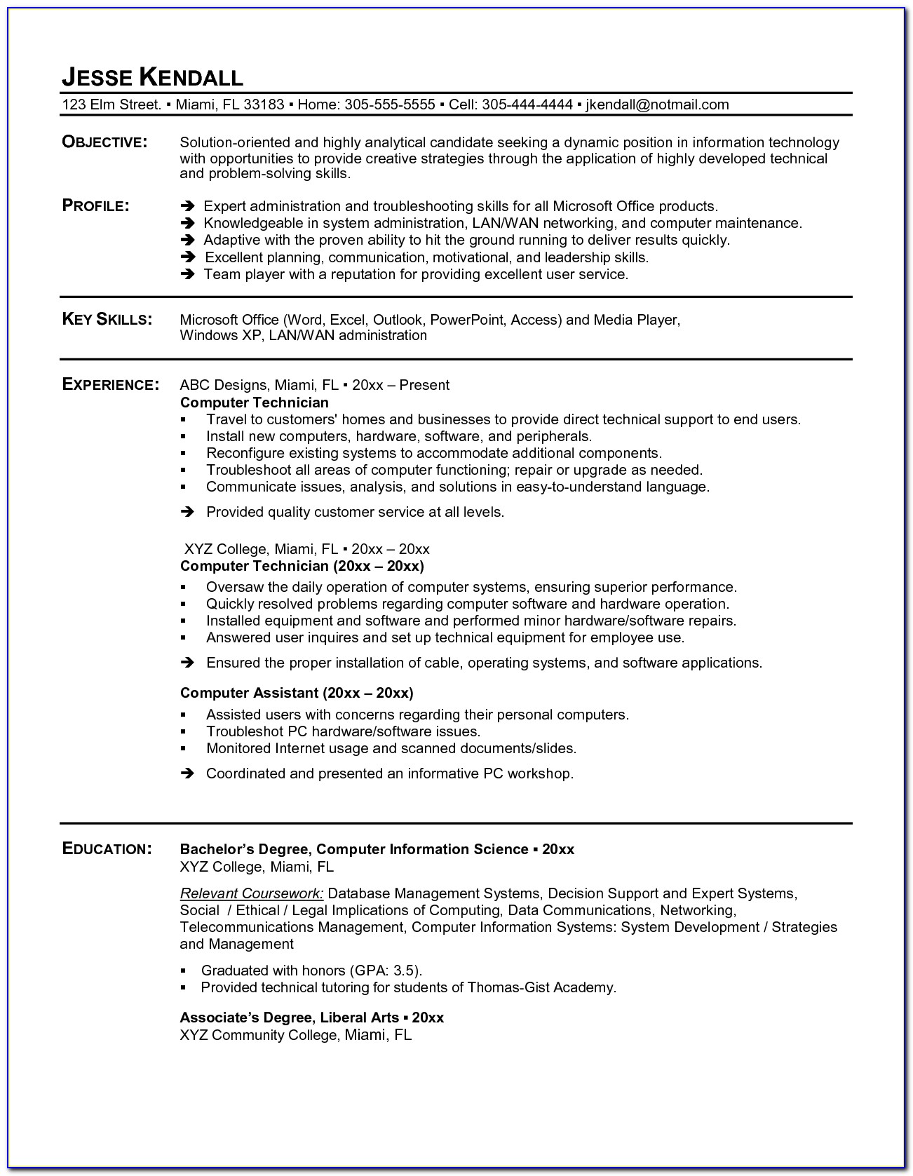 Sample Resume Of Computer Technician