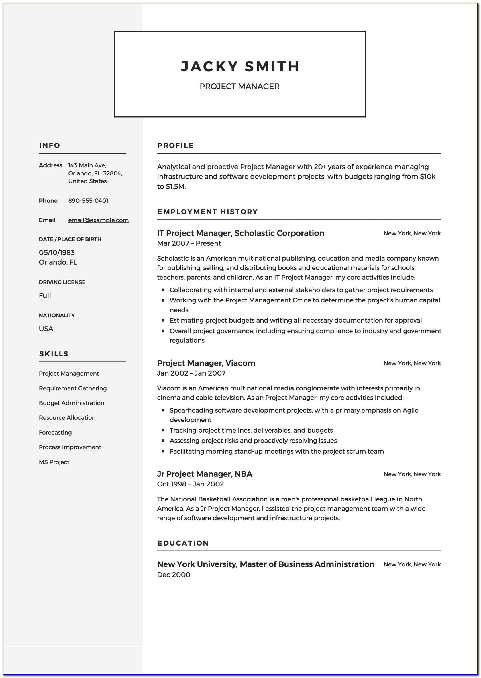 Sample Resume Of Project Manager In Software