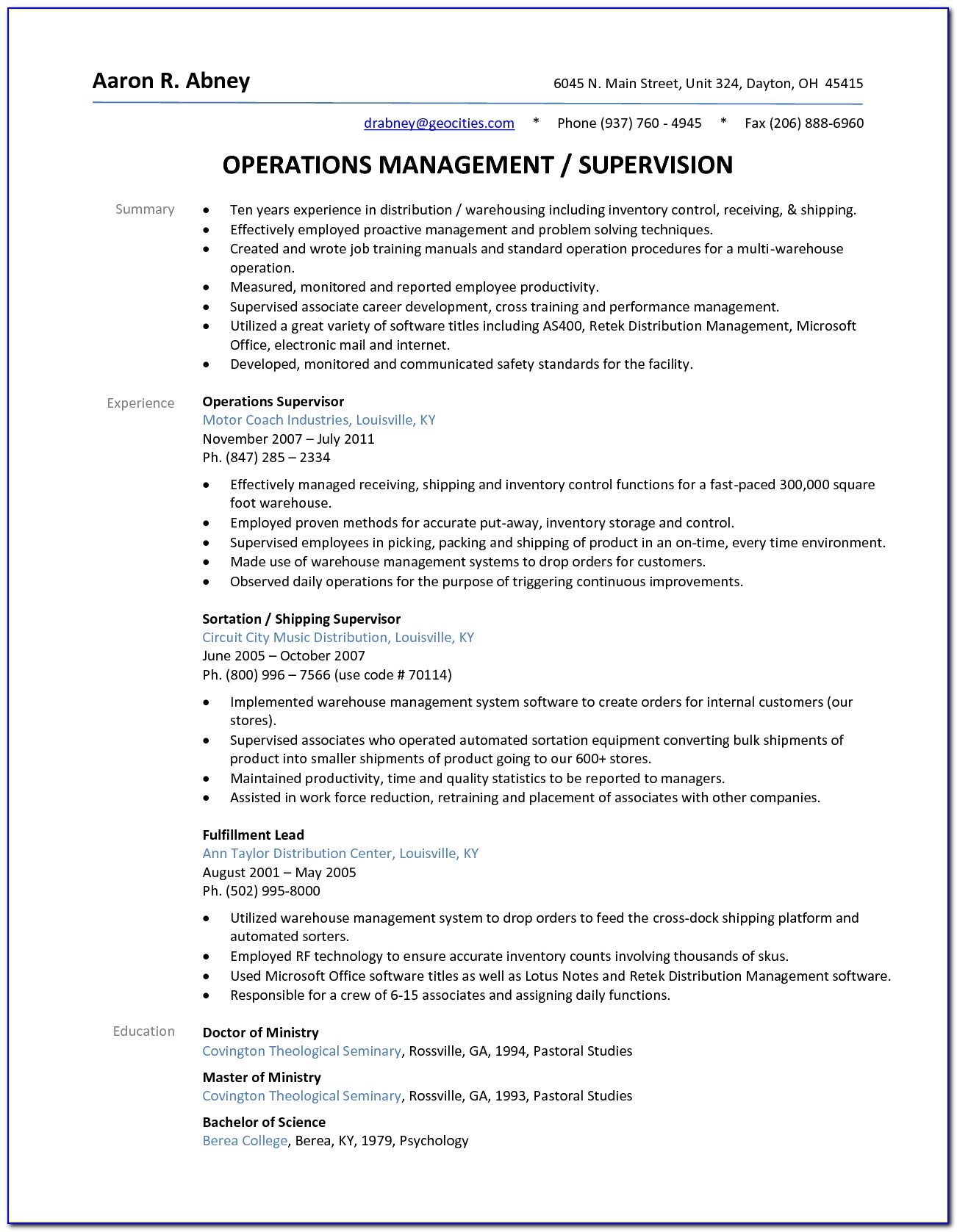 Sample Resume Warehouse Operations Manager