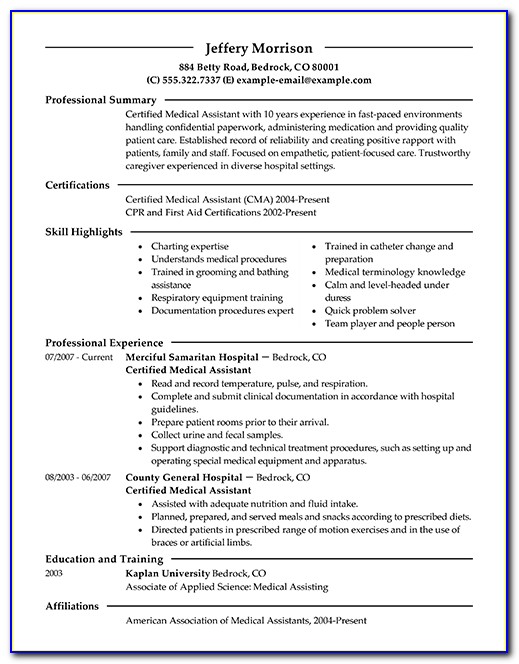 Sample Resumes For Medical Assistant Positions