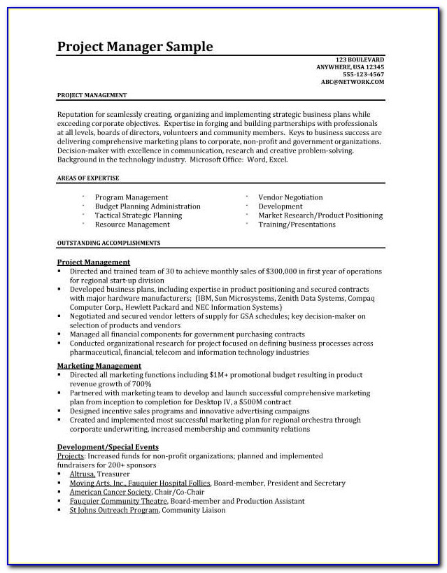 Sample Resumes For Project Managers In Construction
