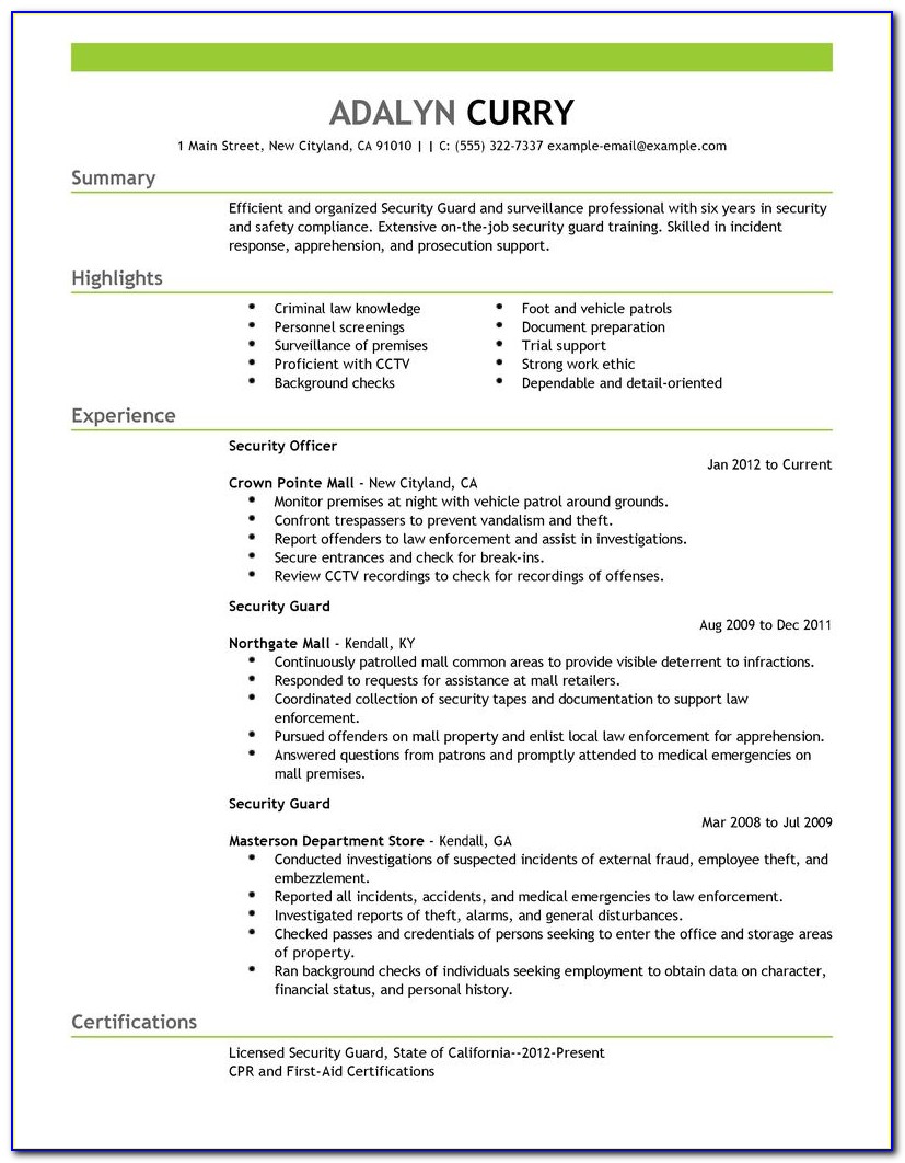 Sample Security Guard Resume Objective
