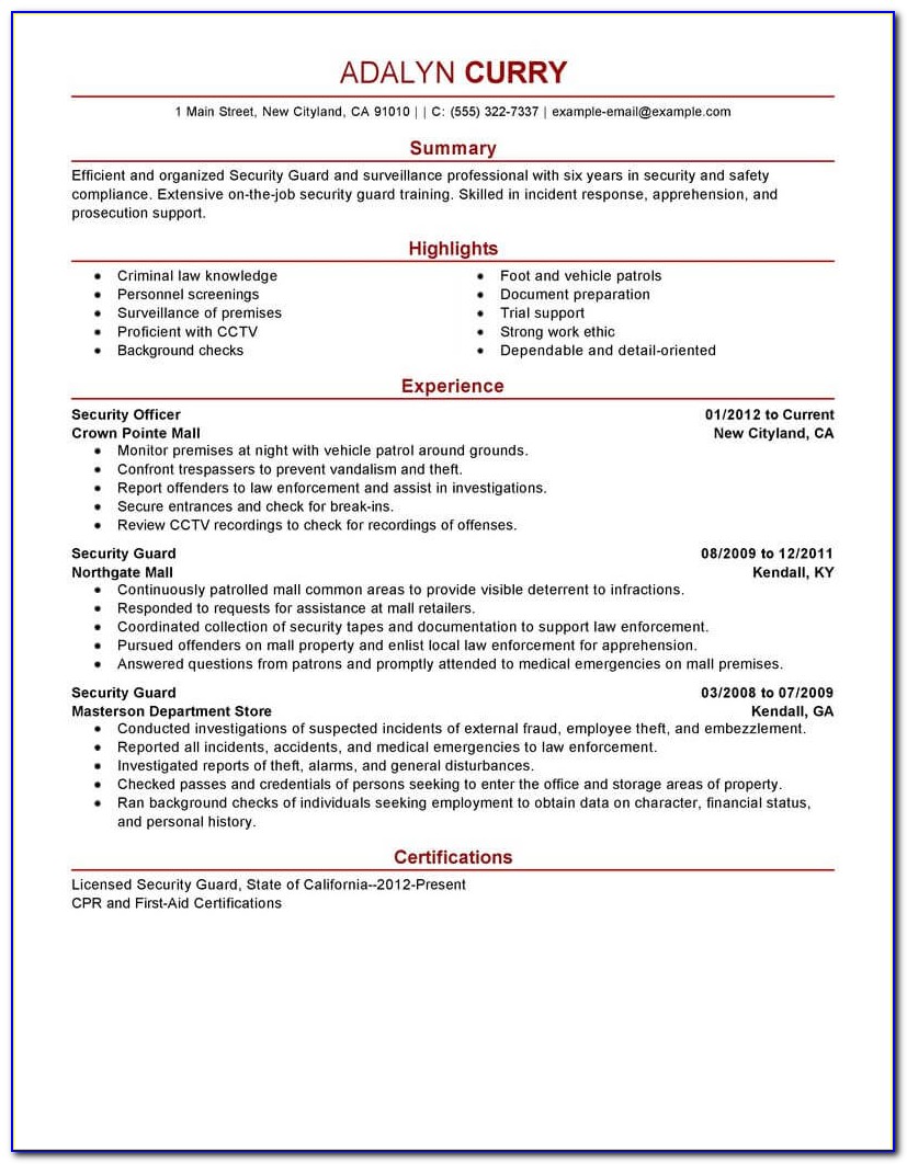 Security Guard Resume Template For Free