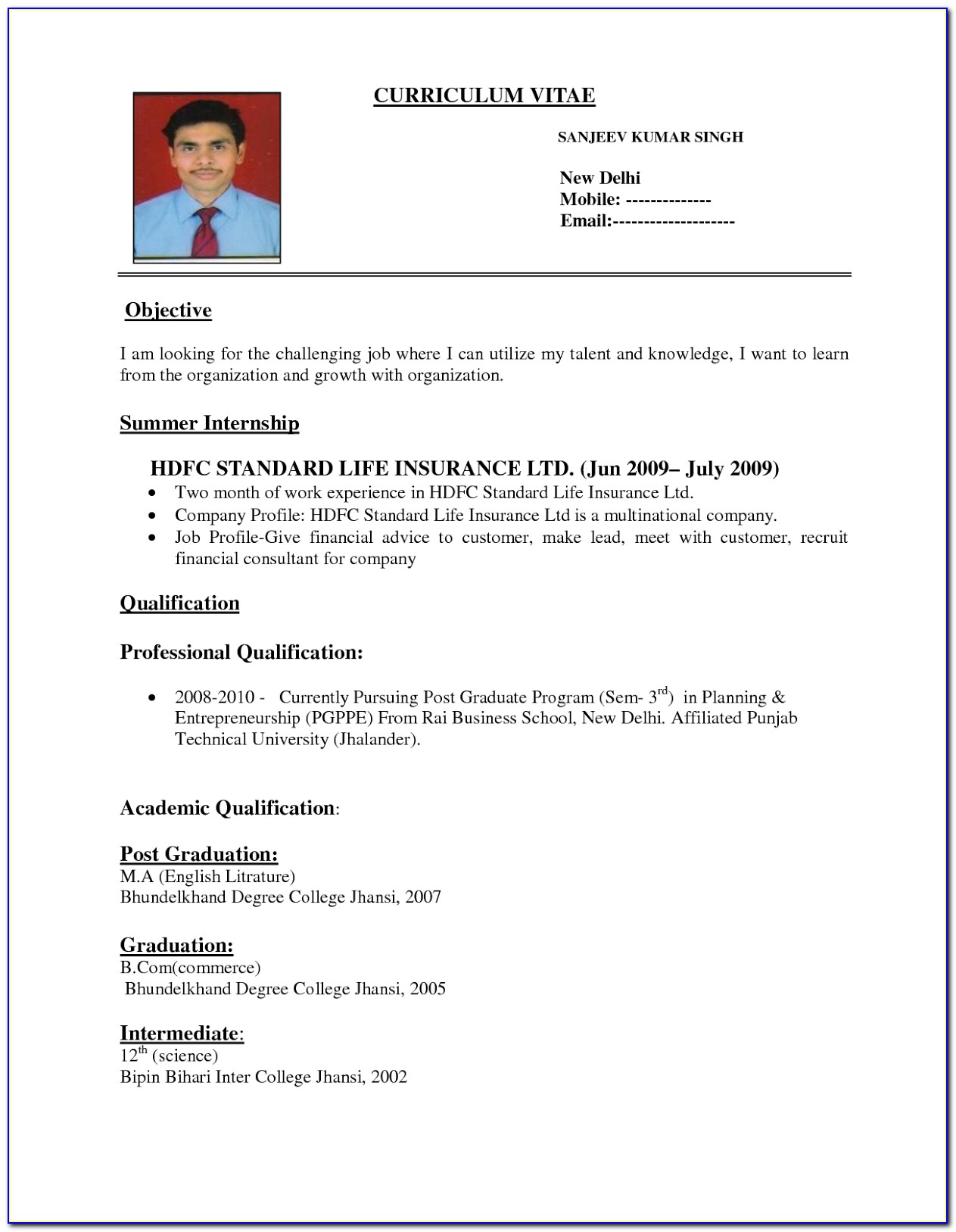 Simple Job Resume Format For Freshers