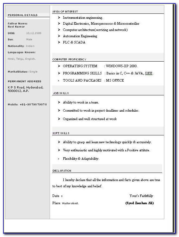 Standard Resume Format For Freshers Doc