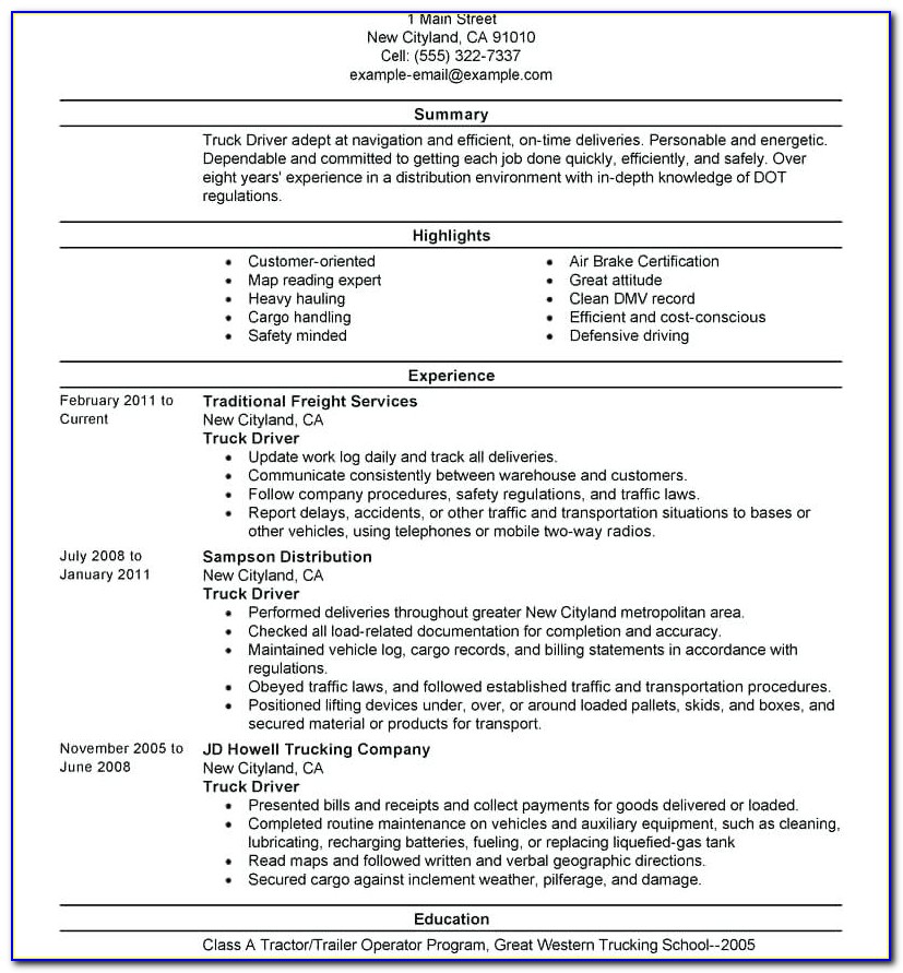 Truck Driver Resume Templates Free