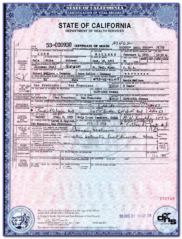 Blank California Birth Certificate Template