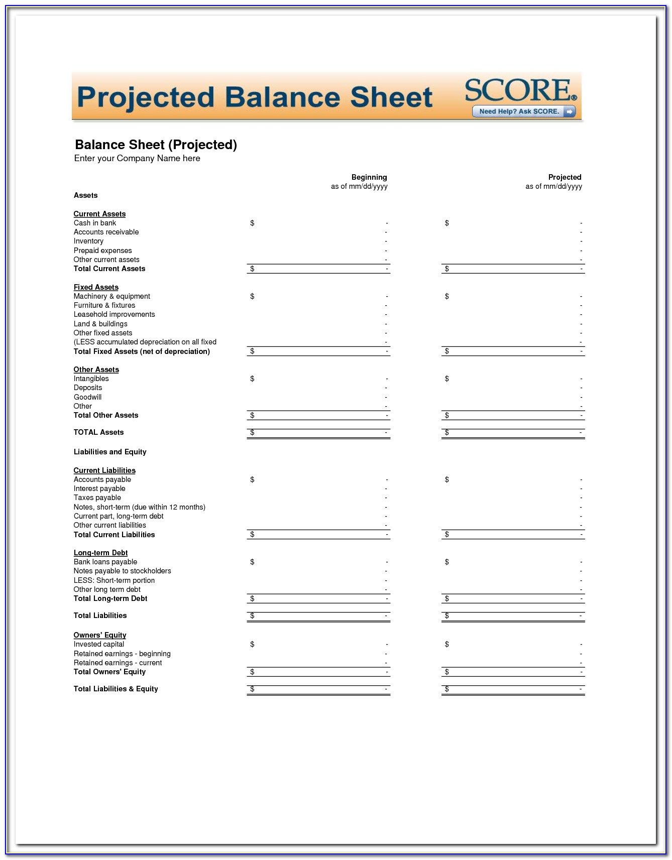 Blank Personal Balance Sheet Template