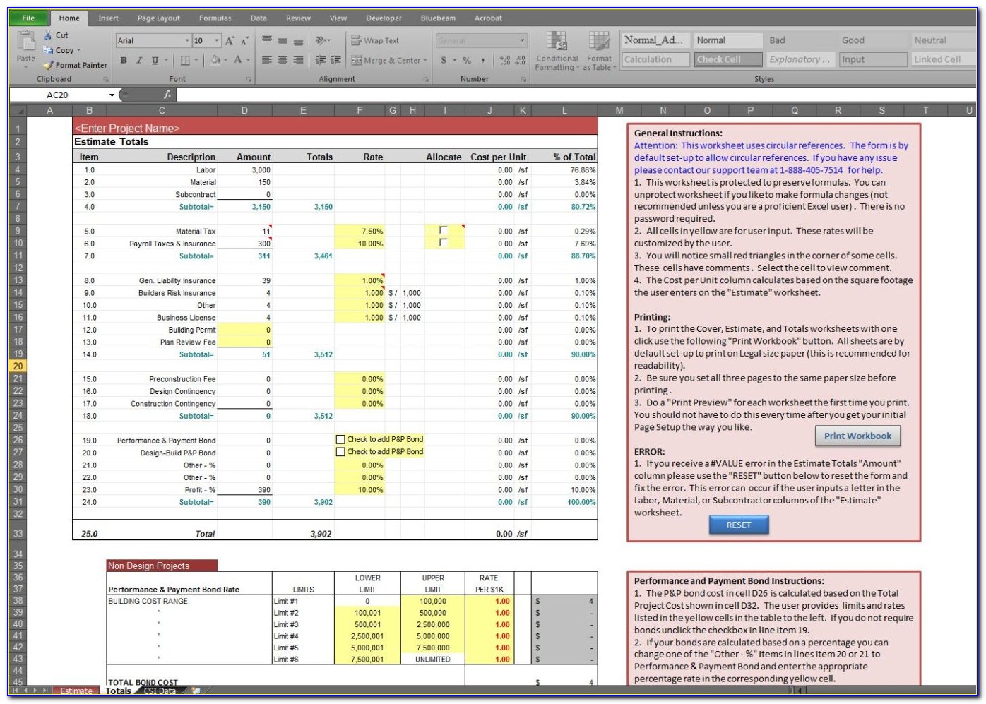 Construction Cost Estimating Template