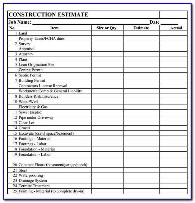 Construction Estimate Sheet Templates