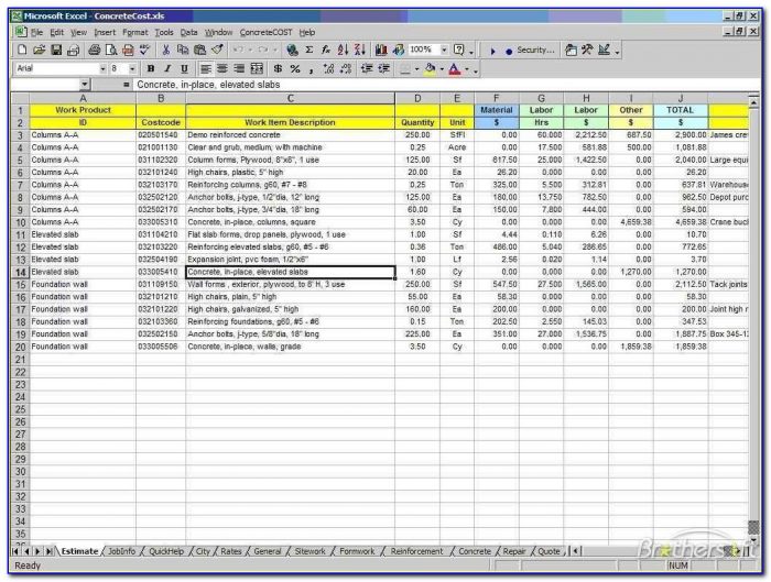 Construction Estimating Spreadsheet Template Xls