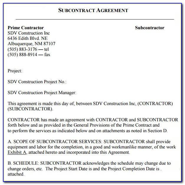 Construction Subcontractor Agreement Template Canada