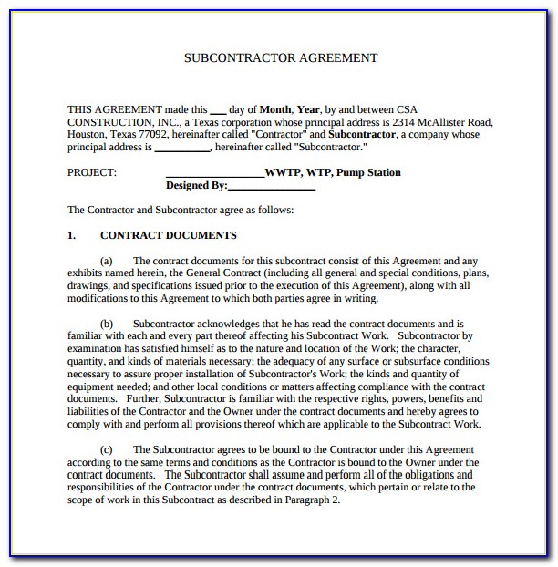 Construction Subcontractor Agreement Template Word