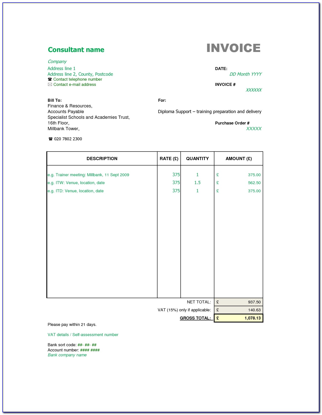 Sample Consultant Invoice Excel Based Consulting Invoice Template Consultant Invoice Format