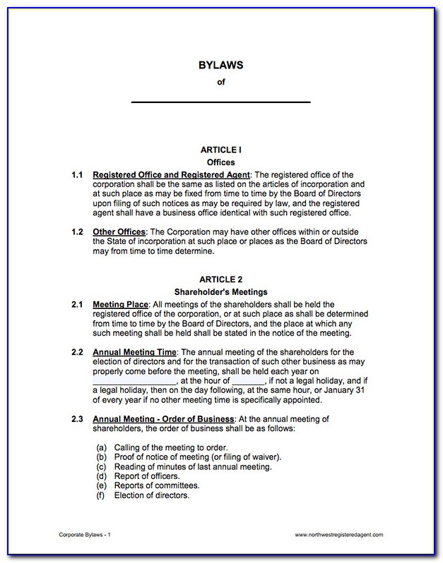 Corporate Bylaws Template Pdf