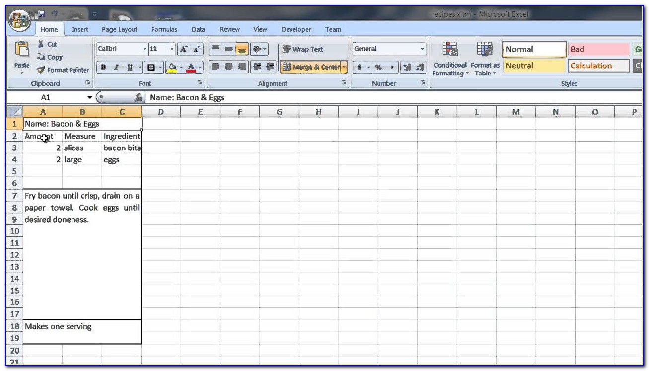 Excel Recipes Template