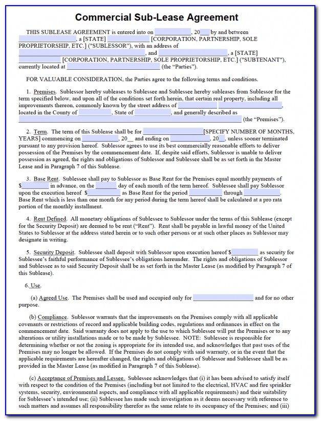 Free Commercial Sublease Agreement Template Word Uk