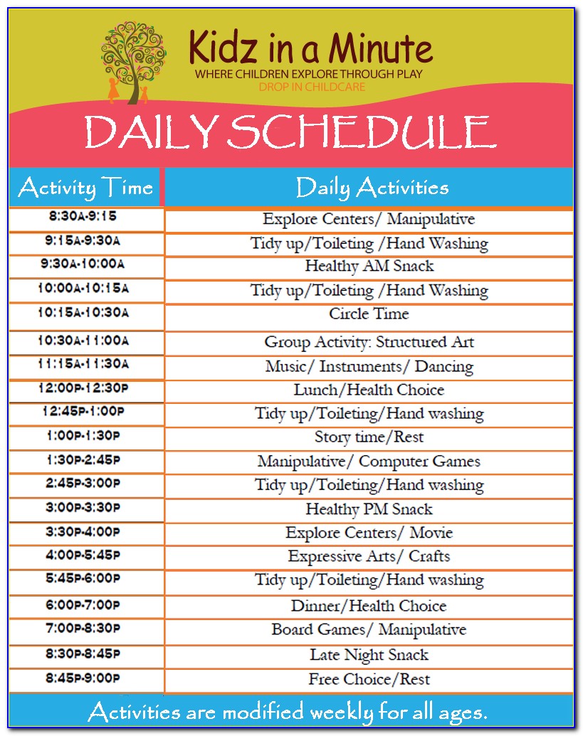 Free Daycare Daily Schedule Template