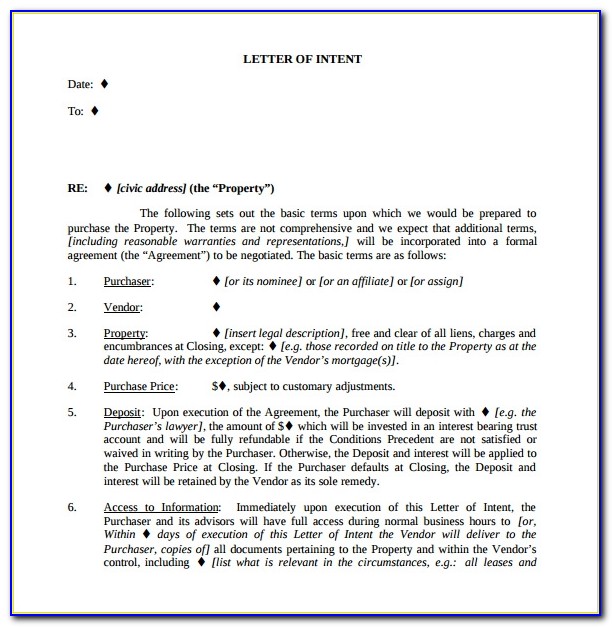 Free Letter Of Intent To Purchase Real Estate Template