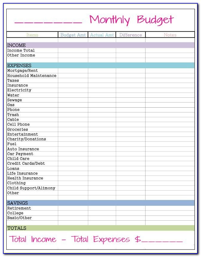 Free Printable Monthly Household Budget Template