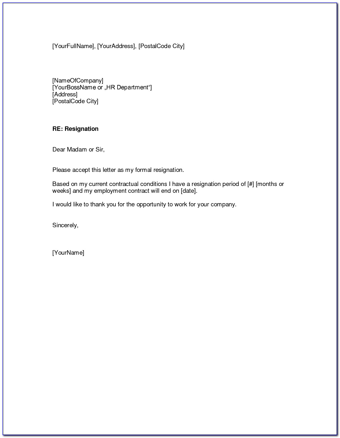 Free Template For Resignation Letter