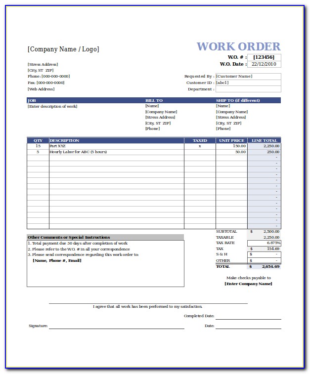 Free Work Order Template Excel
