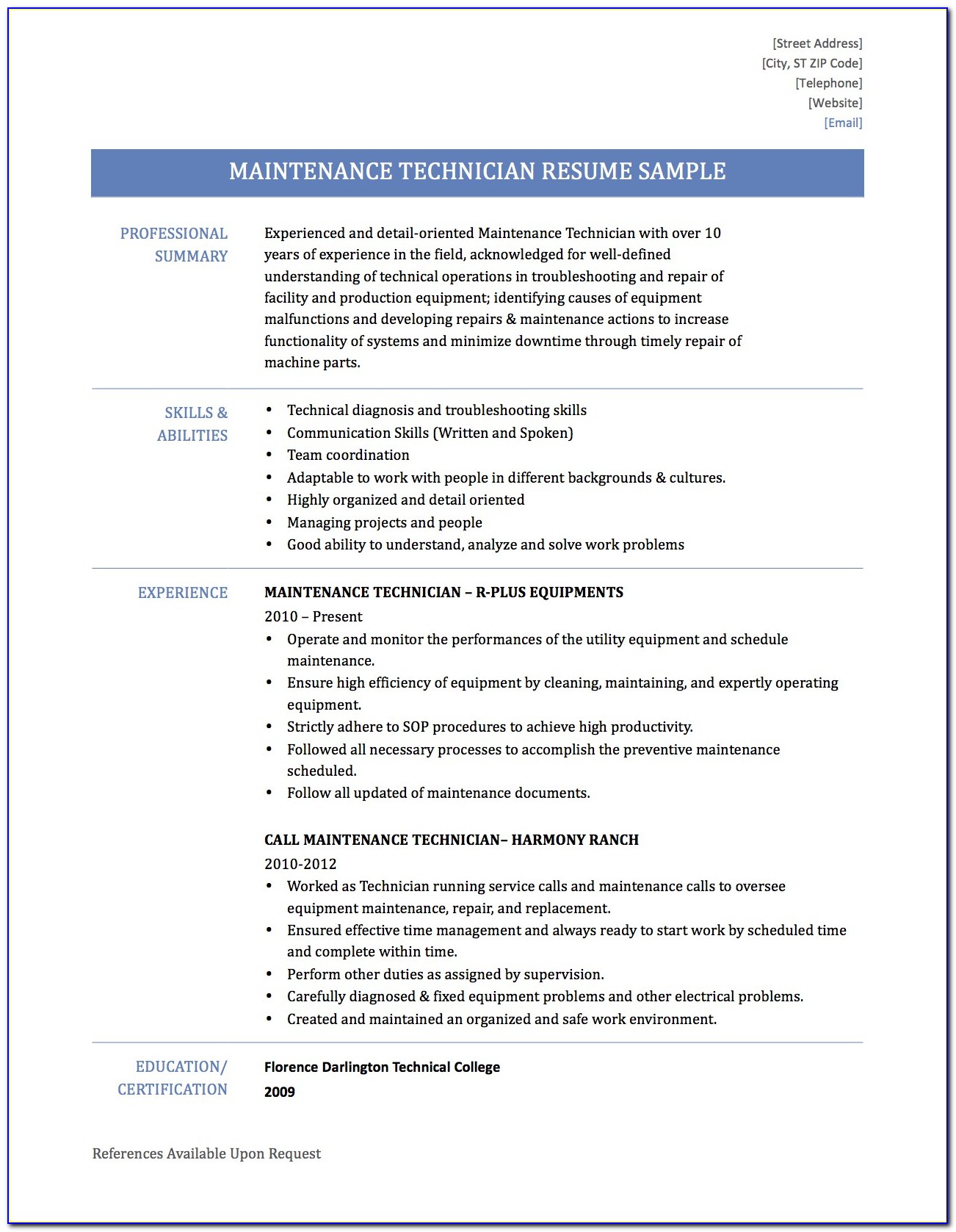 Hotel Maintenance Job Description Resume