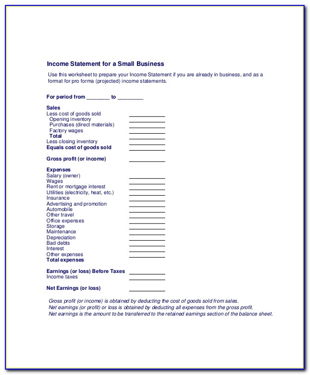 Income Statement For Small Business Template