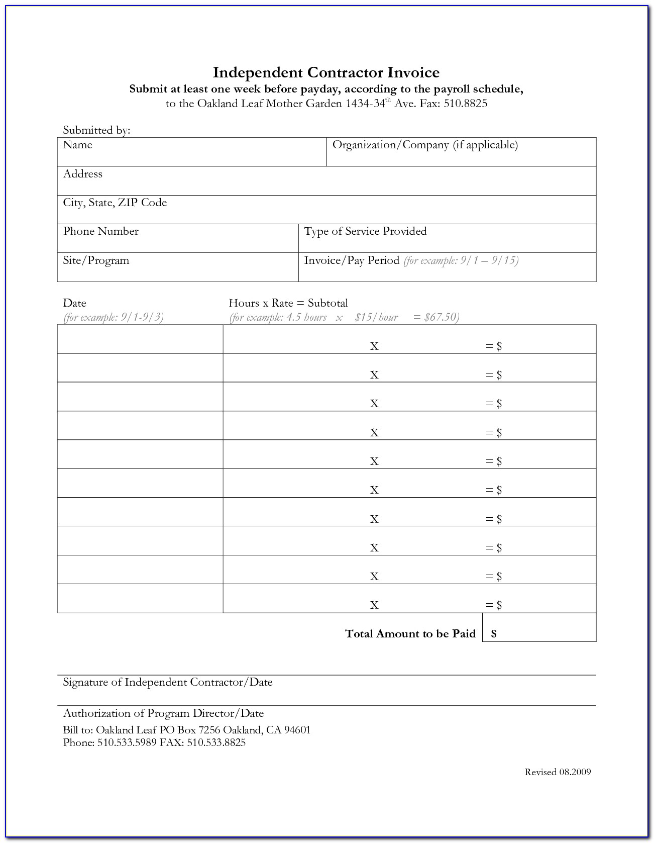 Independent Contractor Billing Invoice Template