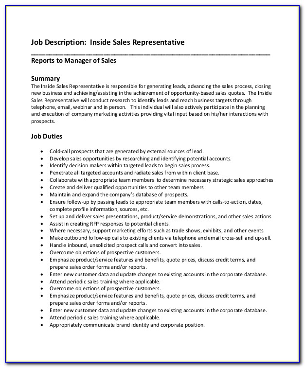 Inside Sales Representative Job Resume