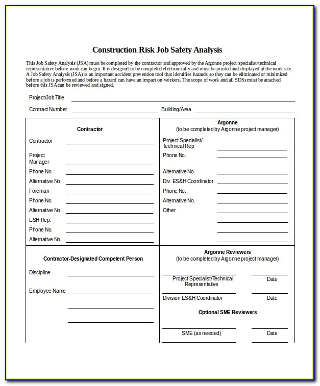 Job Safety Analysis Template Construction