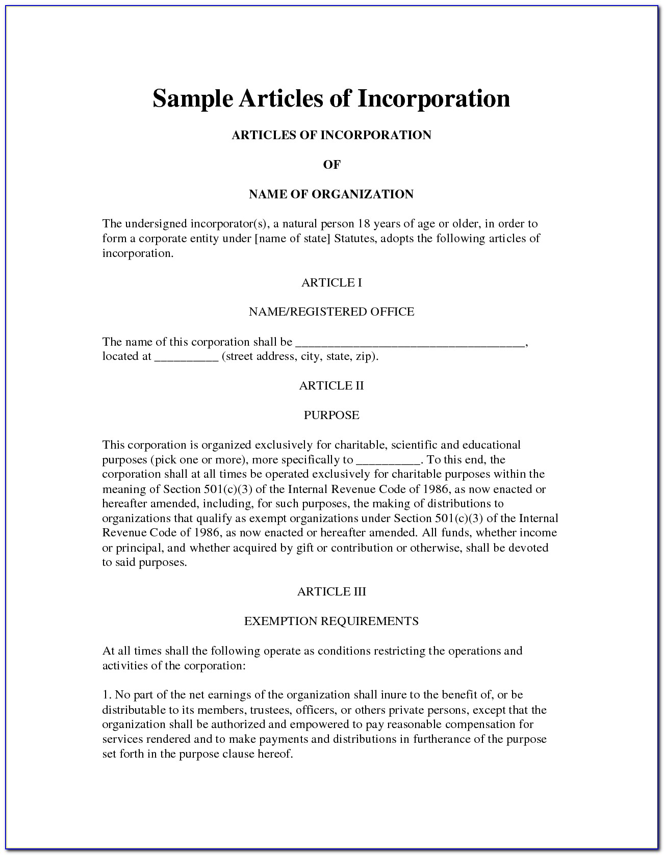 Llc Articles Of Incorporation Template