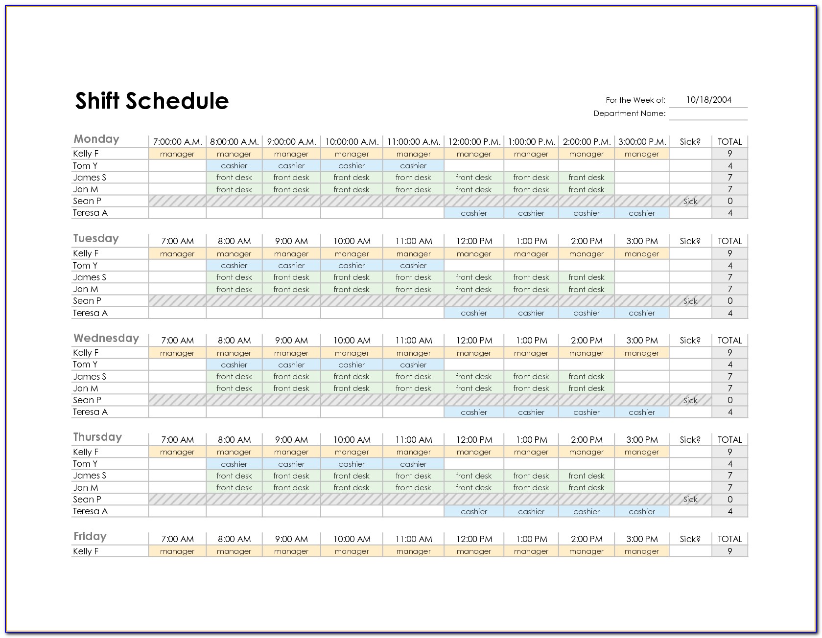 Monthly Employee Work Schedule Template