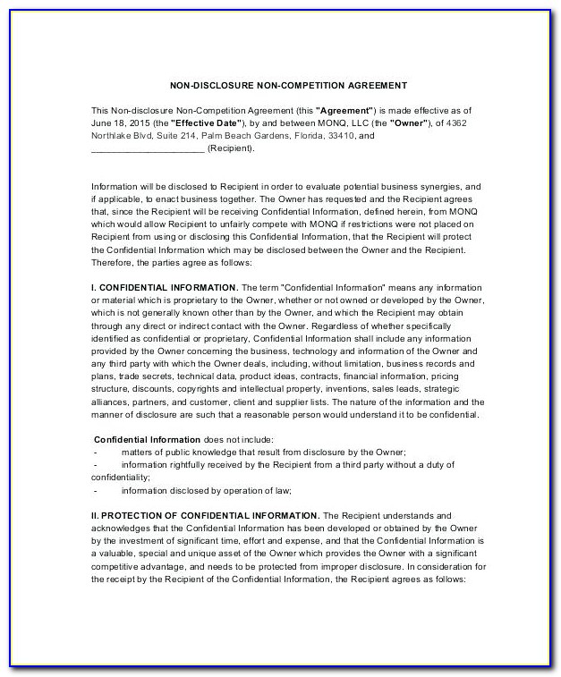 Nondisclosure And Noncompete Agreement Sample