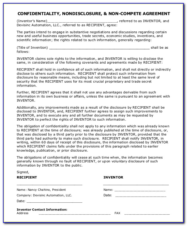 Nondisclosure And Noncompetition Agreement Template