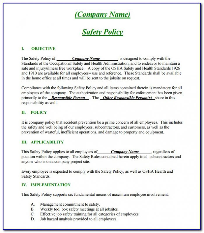 Osha Safety Policy Template