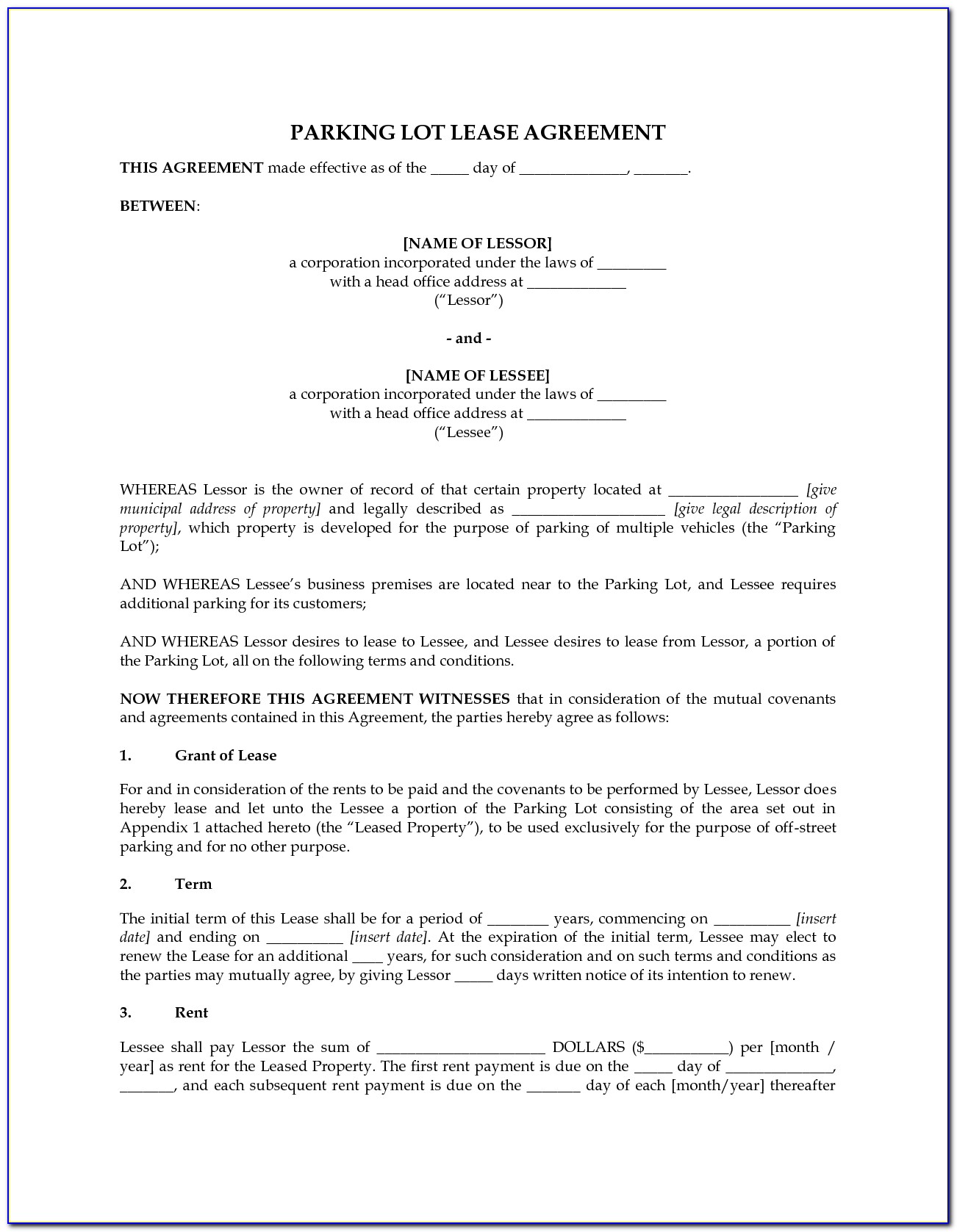 Parking Lot Lease Agreement Template