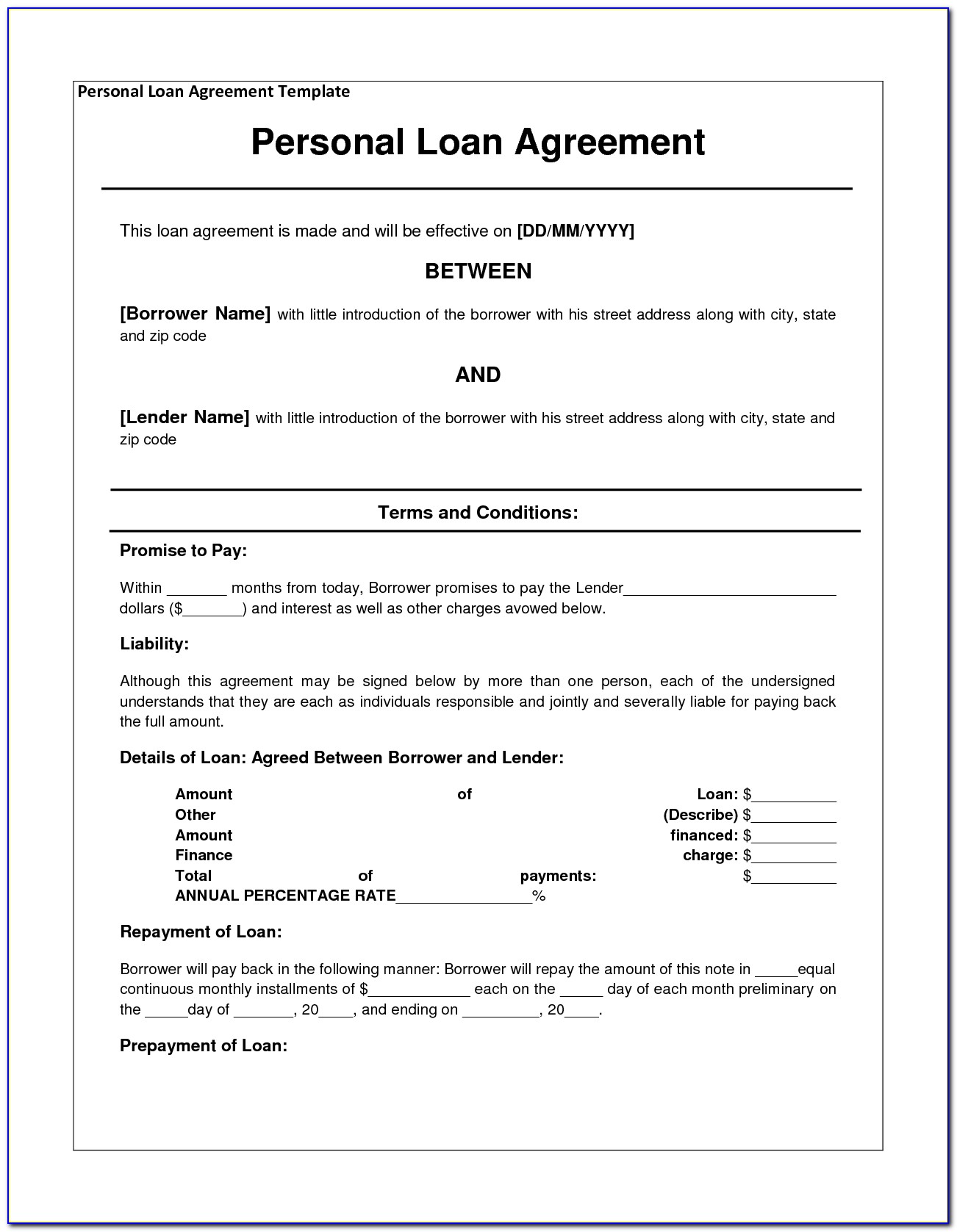 Personal Loan Contract Template Word