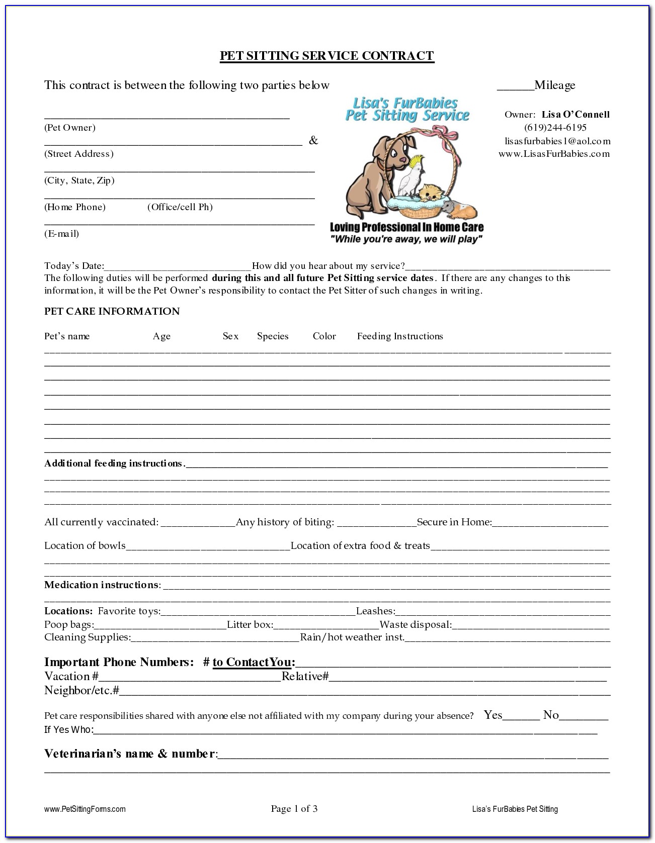 Pet Sitter Contract Template Free