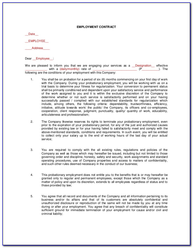 Probationary Employment Contract Template Philippines
