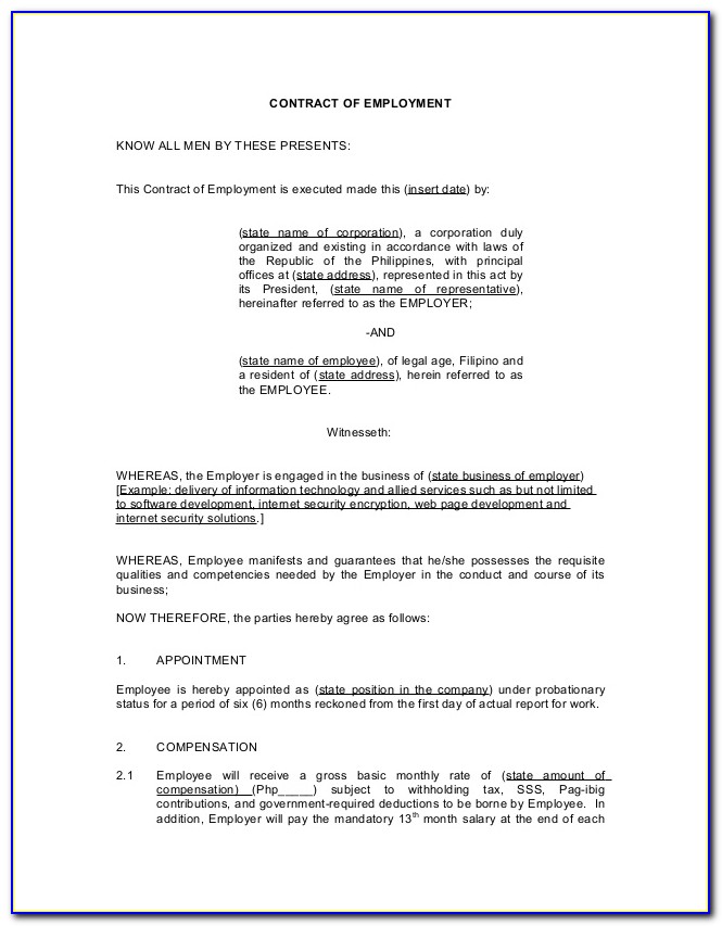 Probationary Period Contract Of Employment Template