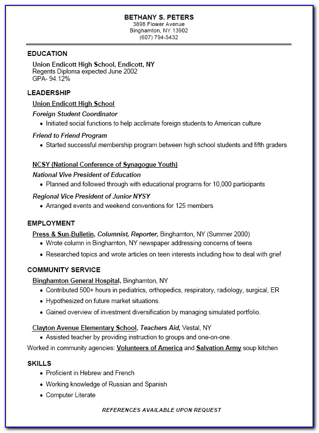 Resume Templates For Students In High School