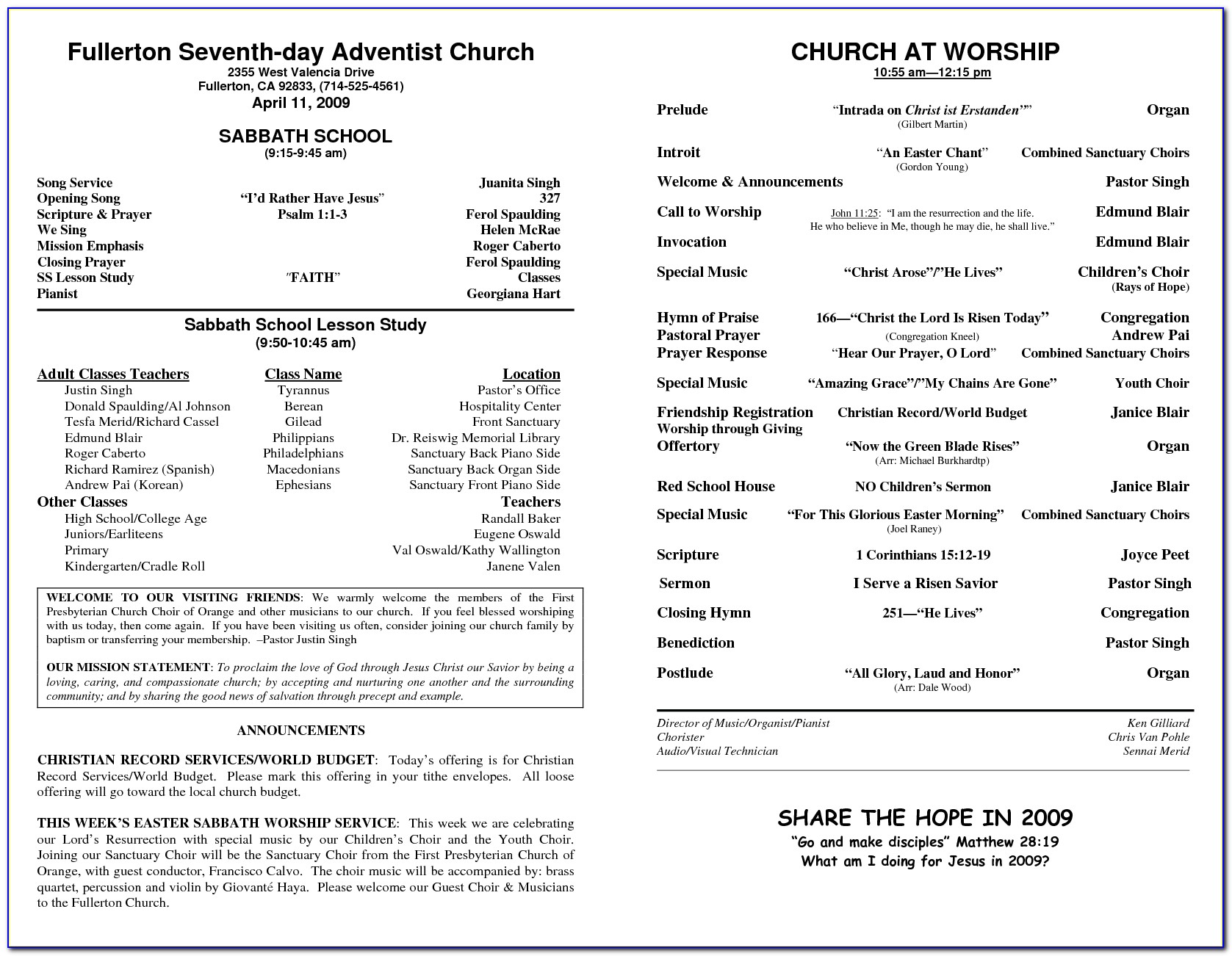 Sample Church Bulletins Templates