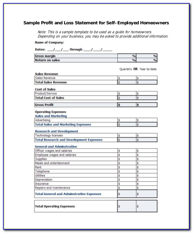 Self Employed Quarterly Profit And Loss Statement Template