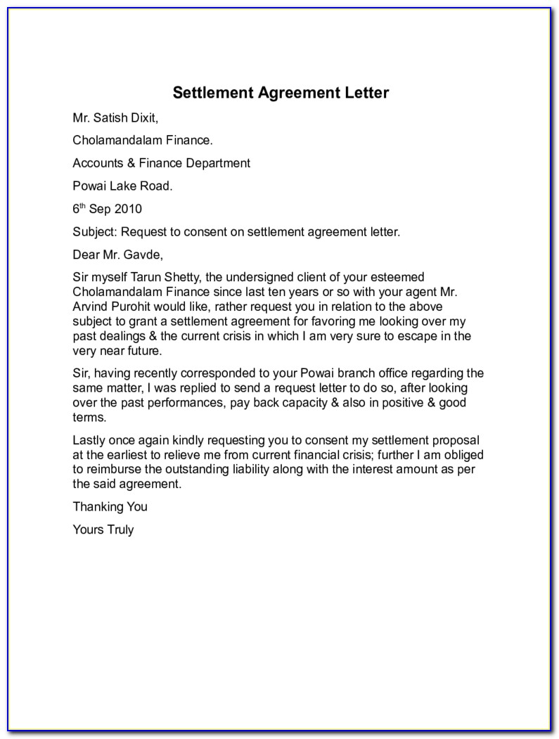 Settlement Agreement Letter Example