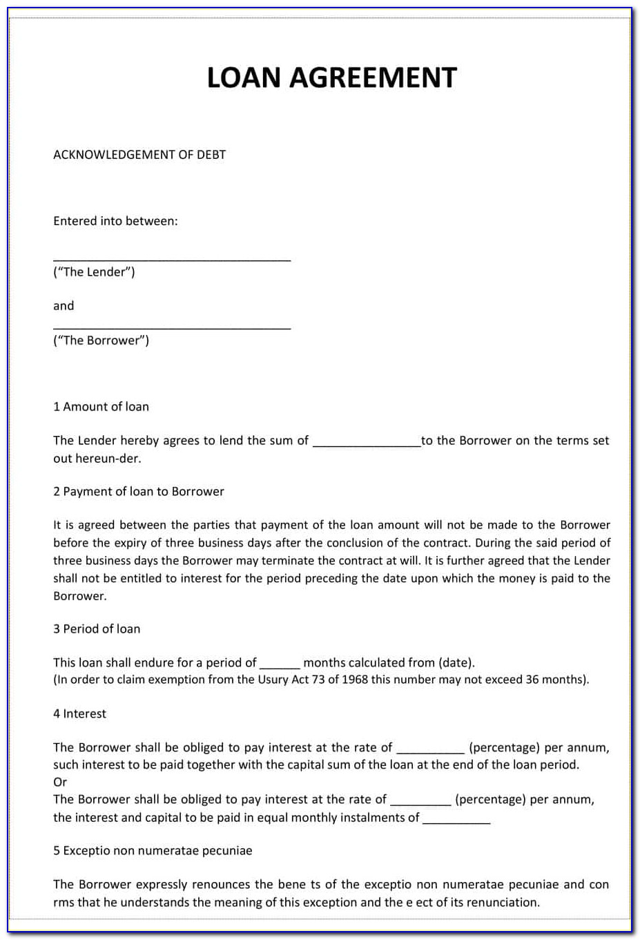 Simple Loan Contract Template Free