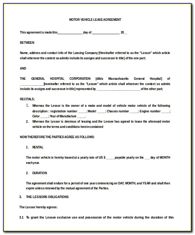 Simple Vehicle Lease Agreement Form
