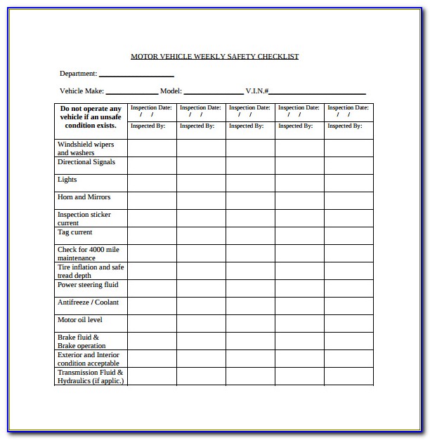 Vehicle Inspection Checklist Template South Africa