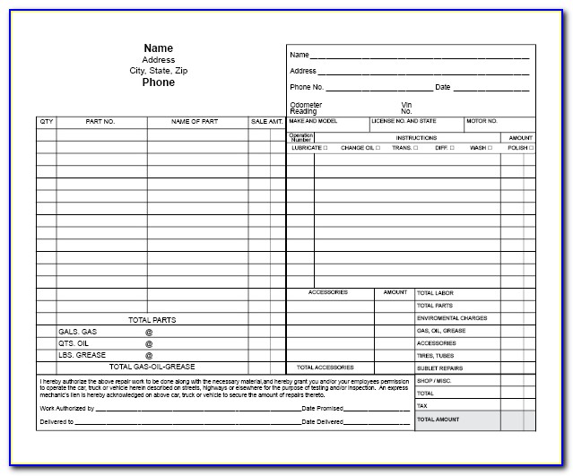 Vehicle Service Work Order Template