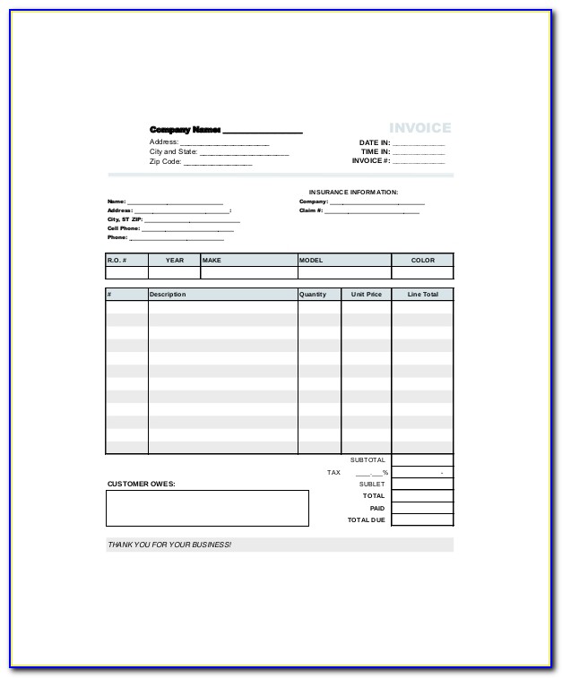 Auto Body Invoice Forms